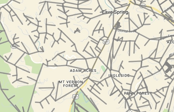Animated EDDM route map showing USPS carrier routes in Cave Spring and Roanoke Virginia