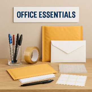 Office essentials including pens, envelopes, tape, padded mailers, labels, and other small business supplies arranged on a desk.
