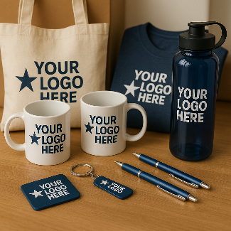 Branded promotional products including custom mugs, tote bag, pens, water bottle, t-shirt, and keychains featuring “Your Logo Here” — Star MailHub and More Roanoke VA