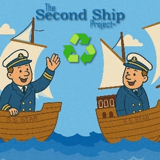 The Second Ship Project sustainability graphic with two sailors on boats and a recycling symbol, promoting packing-material reuse at Star MailHub in Roanoke, VA.