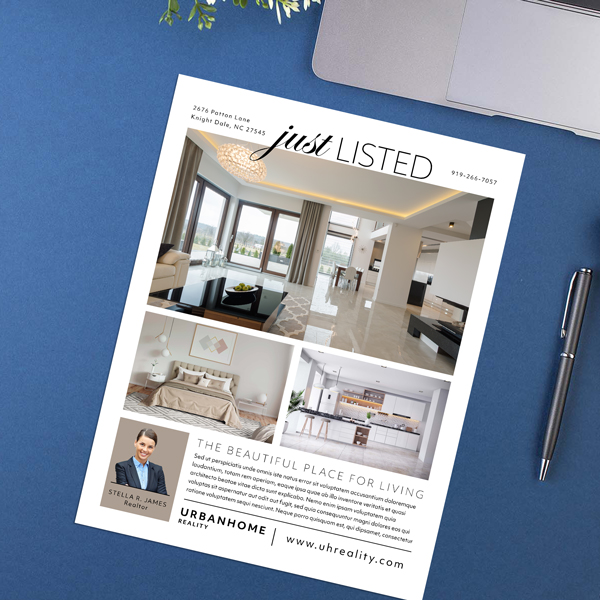 eal estate flyer on a desk showing a ‘Just Listed’ property layout with multiple photos, used as an example of professional flyer printing.