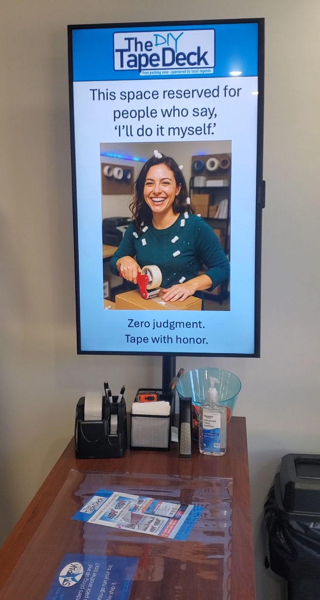 The DIY Tape Deck self-service packing station at Star MailHub in Roanoke, VA, with tape dispensers, supplies, and a promotional screen.