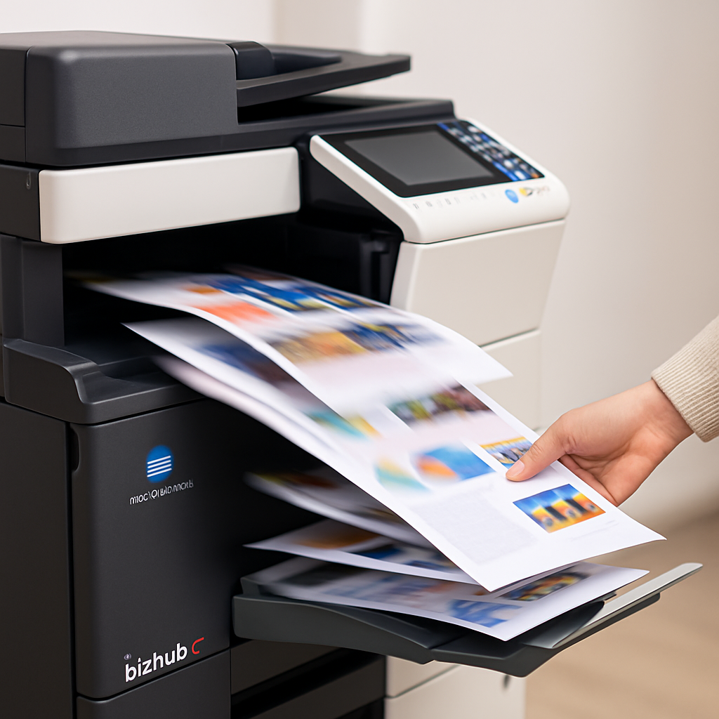 Hand retrieving full-color printed pages from a Konica Minolta BizHub-style office printer with motion blur, demonstrating active printing services at Star MailHub & More in Roanoke, VA.