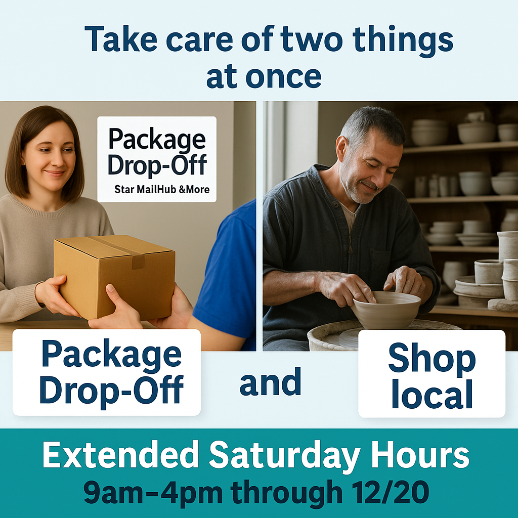 Promotional graphic showing Star MailHub and More offering package drop-off and local gift shopping with extended Saturday hours from 9am to 4pm through December 20.