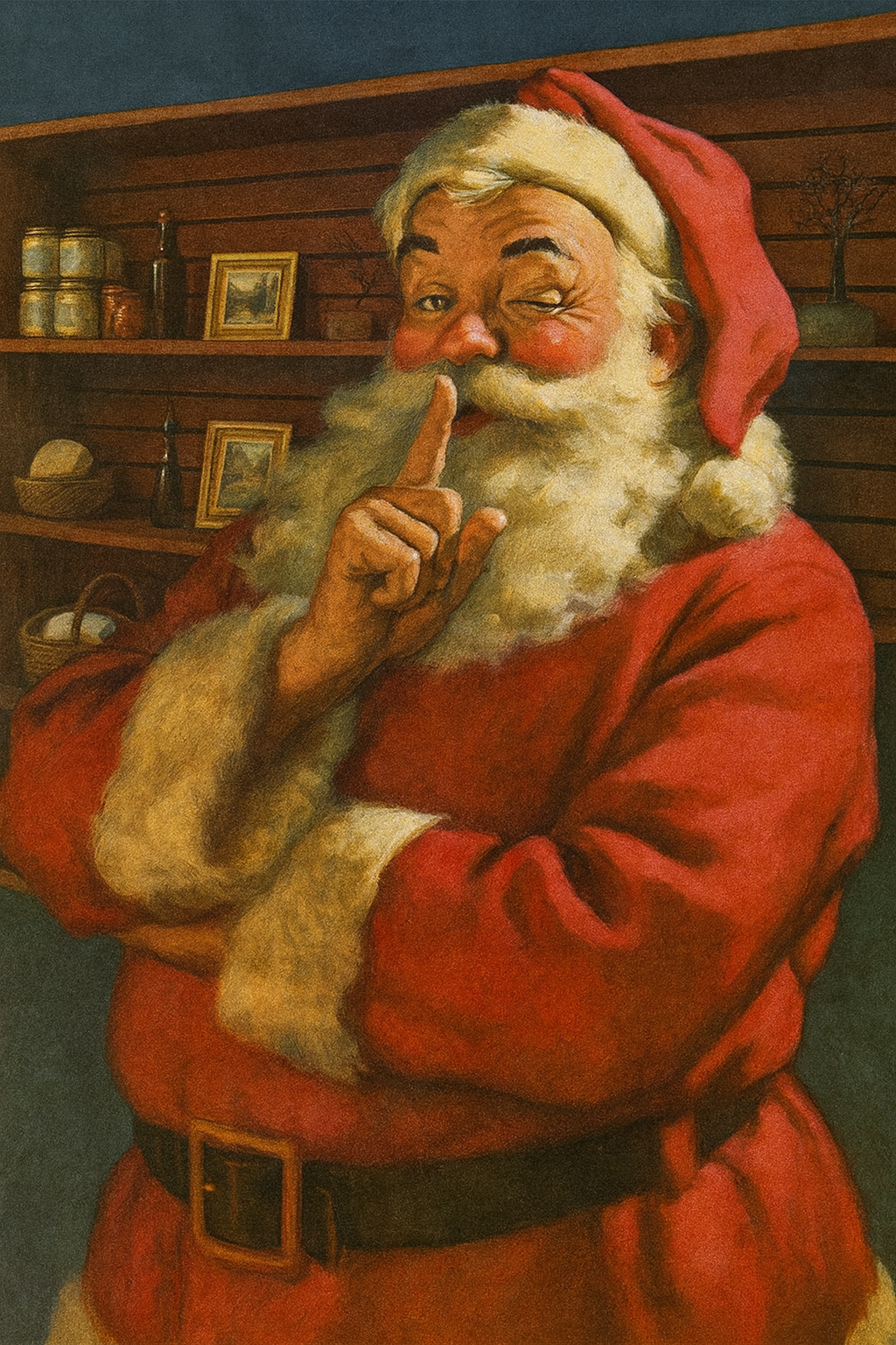 Santa Claus winking and holding a finger to his lips inside a holiday gift gallery at Star MailHub & More in Roanoke, Virginia