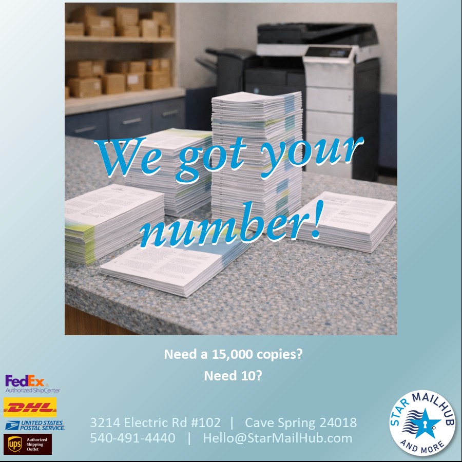 Neatly stacked printed copies on a counter, with a printer softly blurred in the background.