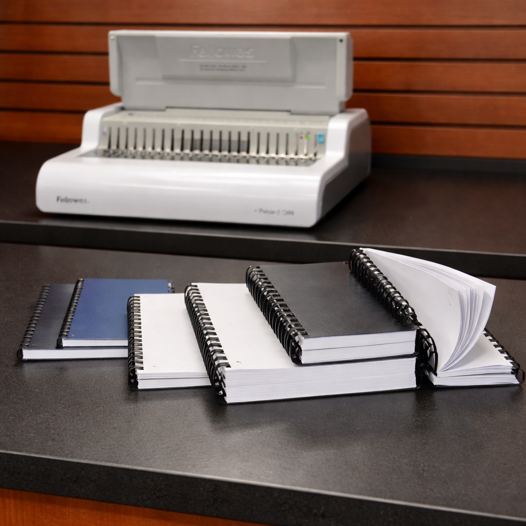 Comb-bound reports in multiple sizes and thicknesses on a satin black counter, with a Fellowes comb binding machine softly out of focus in the background