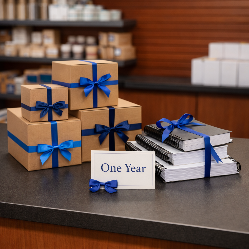 One-year anniversary display inside a local print and shipping store with neatly stacked boxes and subtle celebratory details