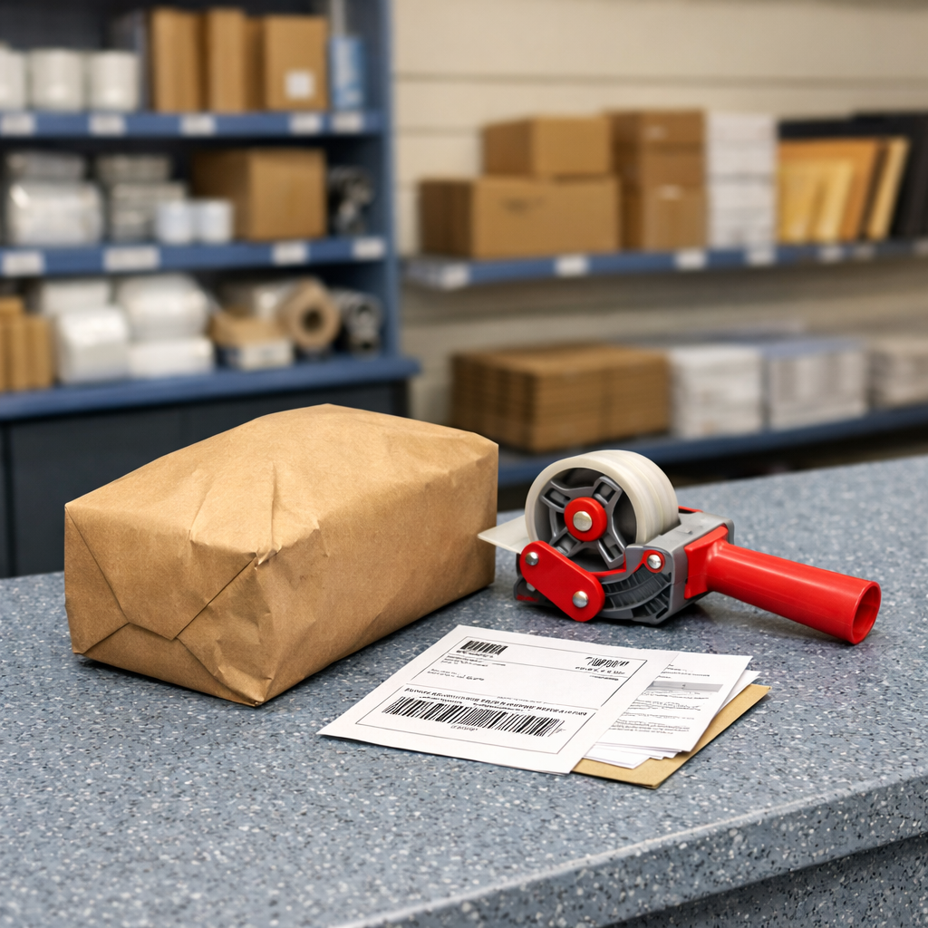 Packed shipping box on a blue service counter with paperwork and packing tools, representing a shipment that requires extra attention
