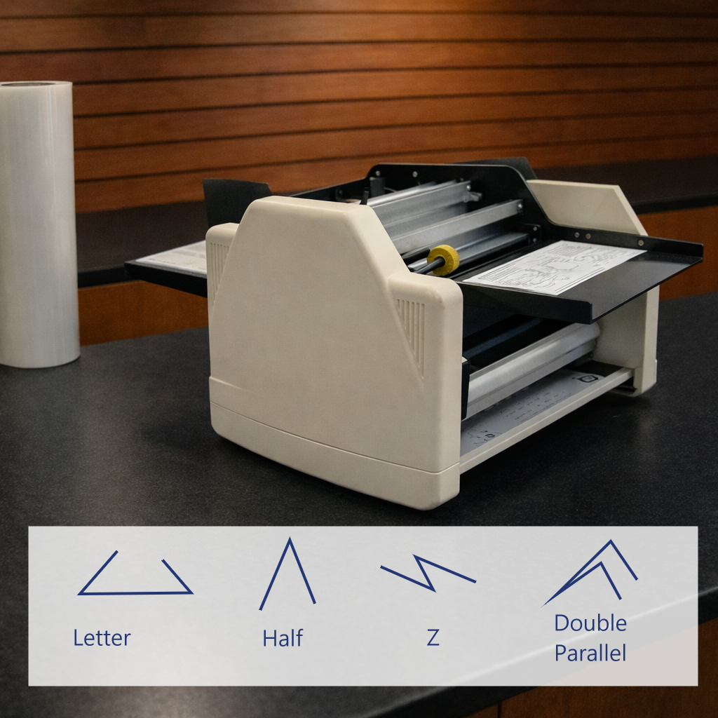 Automatic paper folding machine producing precise half, letter, Z, and double parallel folds