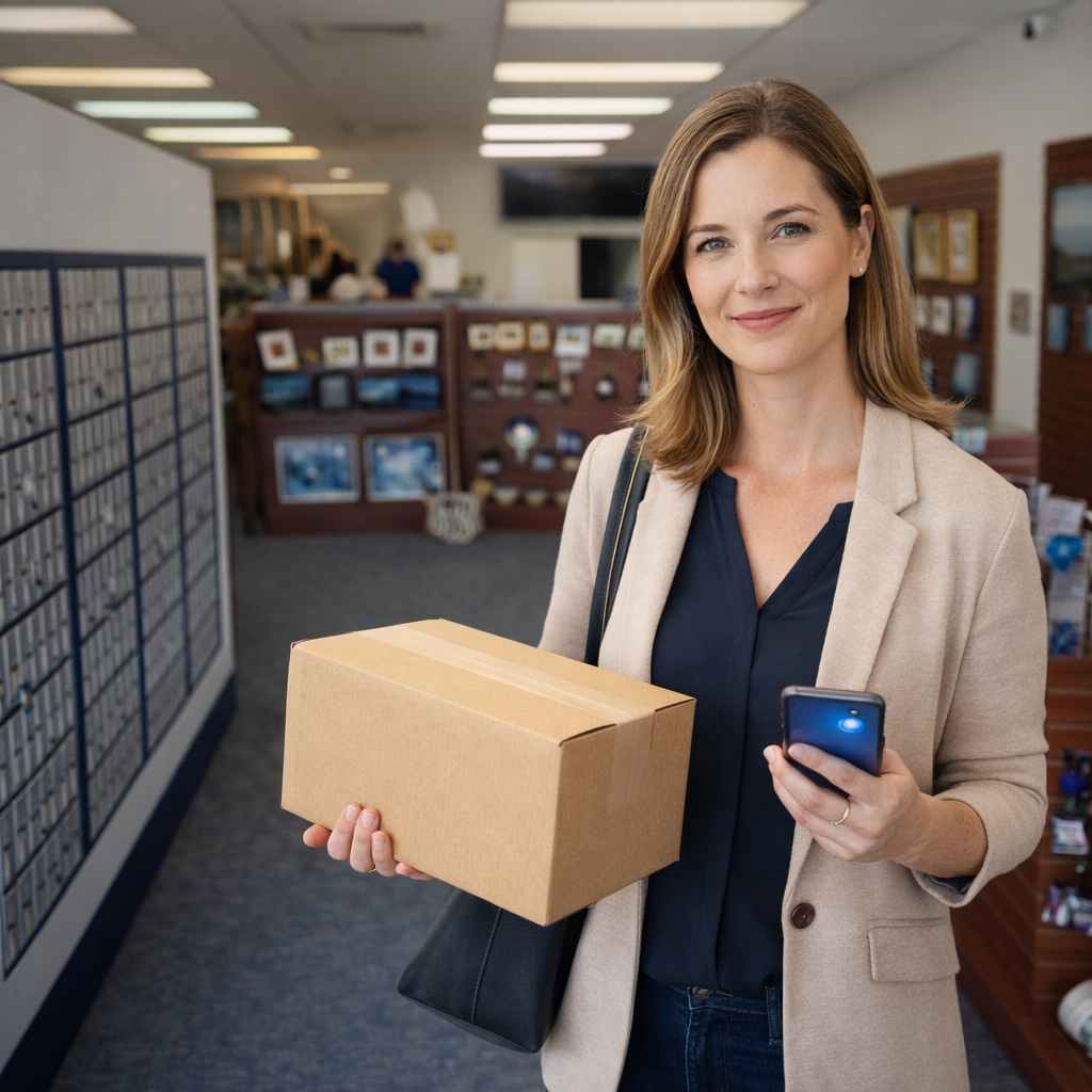 Busy professional mom picking up a package from her secure private mailbox at Star MailHub and More in Roanoke VA