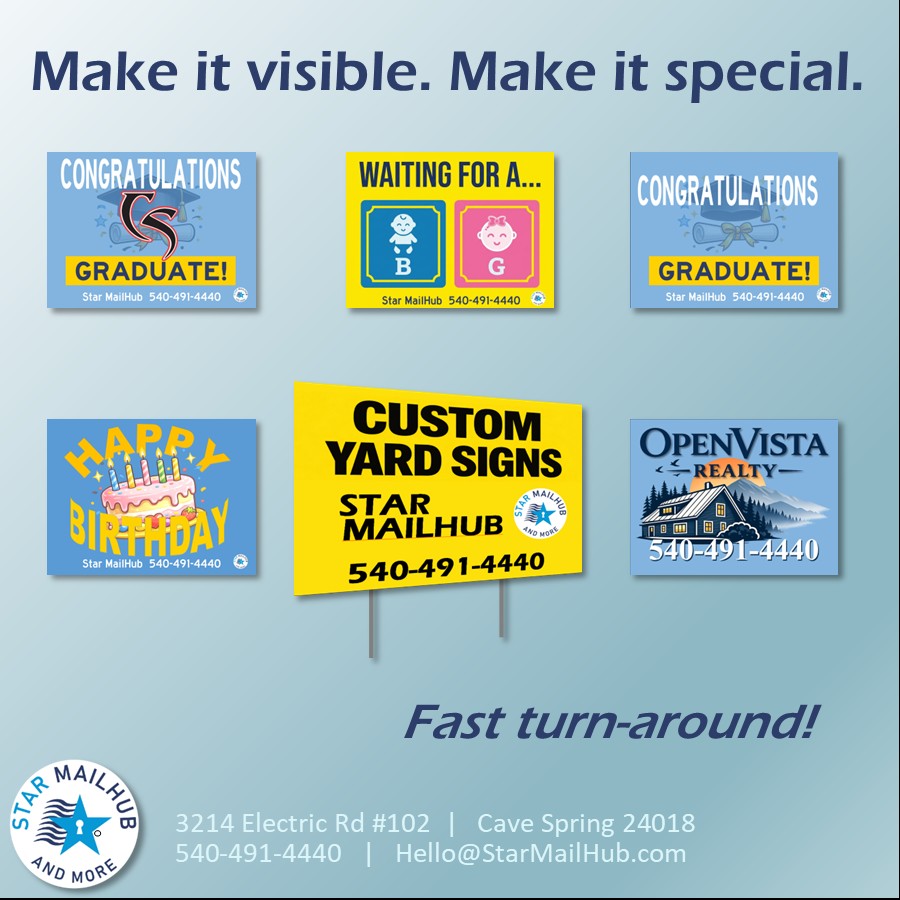 Birthday and graduation yard sign examples in Roanoke from Star MailHub showing celebration and custom sign designs