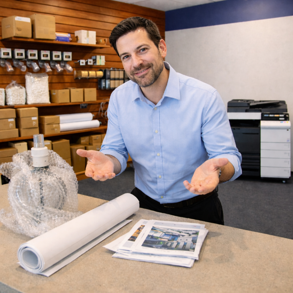 Store owner confidently handling fragile and oversized items at Star MailHub in Roanoke