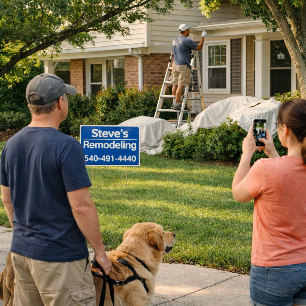 Contractor working at a home in Roanoke with a yard sign while a neighbor looks on with interest