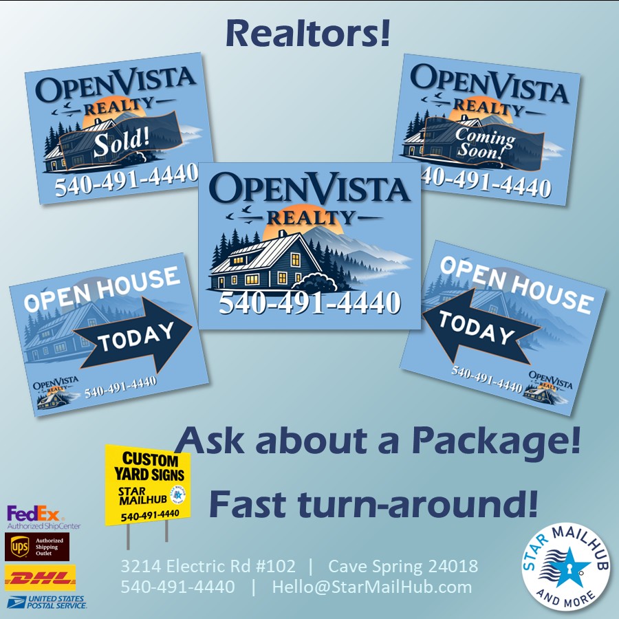 Examples of real estate yard sign packages for Roanoke realtors including open house, coming soon, sold, and directional arrow signs