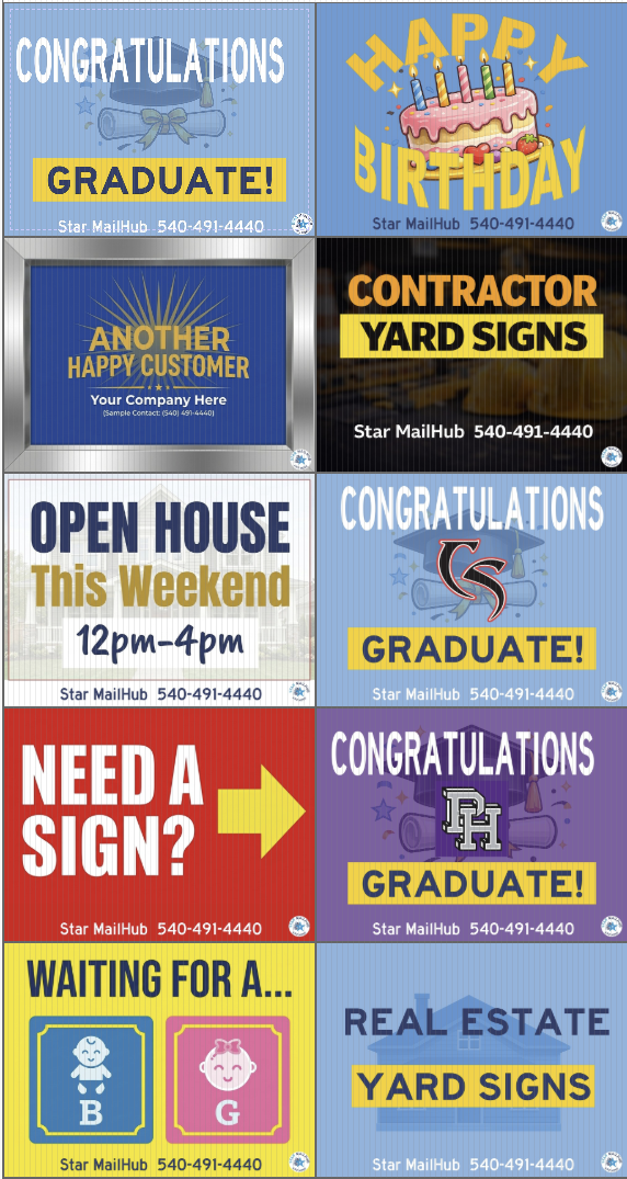 Examples of custom yard signs printed in Roanoke at Star MailHub including real estate, contractor, birthday, and graduation signs