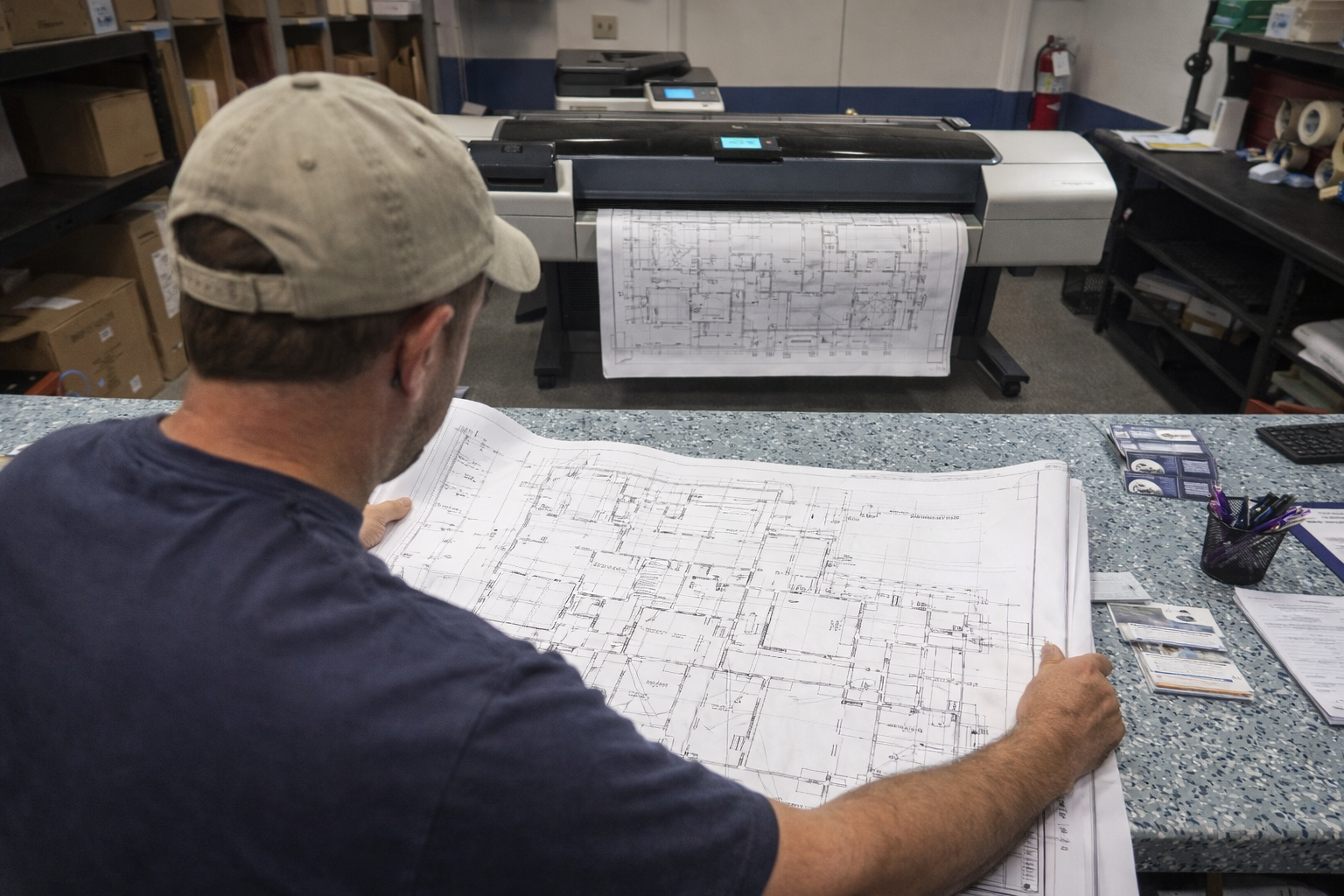 Contractor reviewing architectural blueprints while plans print in Roanoke VA