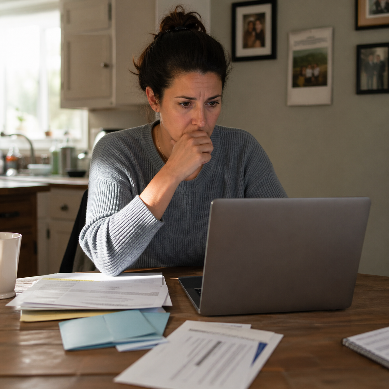 Person at home looking at laptop and paperwork realizing a document needs to be printed and notarized urgently