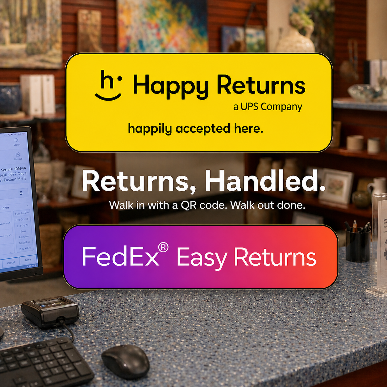 FedEx Easy Returns and UPS Happy Returns service in Roanoke VA with QR code returns
