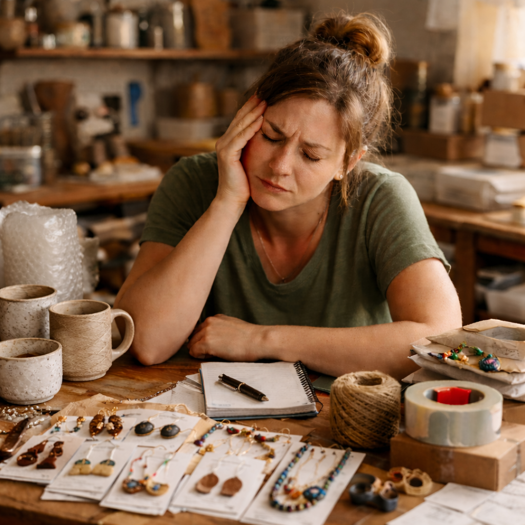 Overwhelmed small business owner packing multiple shipping orders in a cluttered home workspace