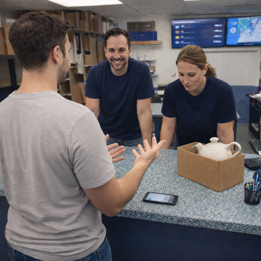 Customer at a shipping counter with a difficult item while staff confidently assist in Roanoke