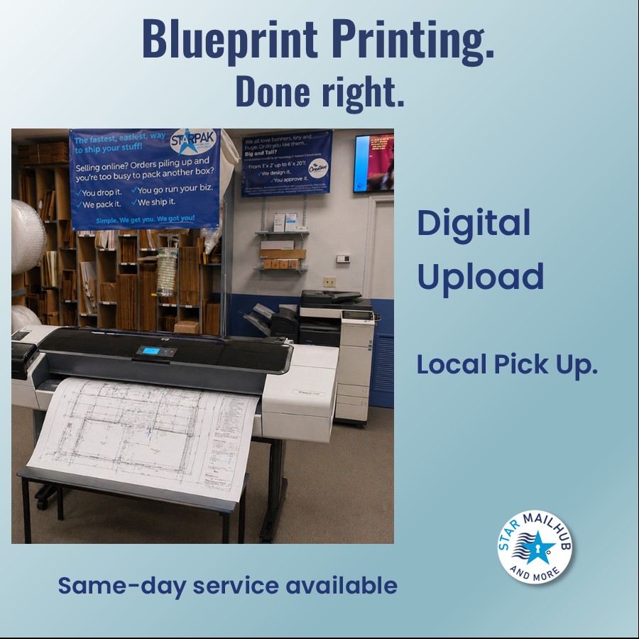 Wide-format blueprint printing at Star MailHub and More in Roanoke, Virginia