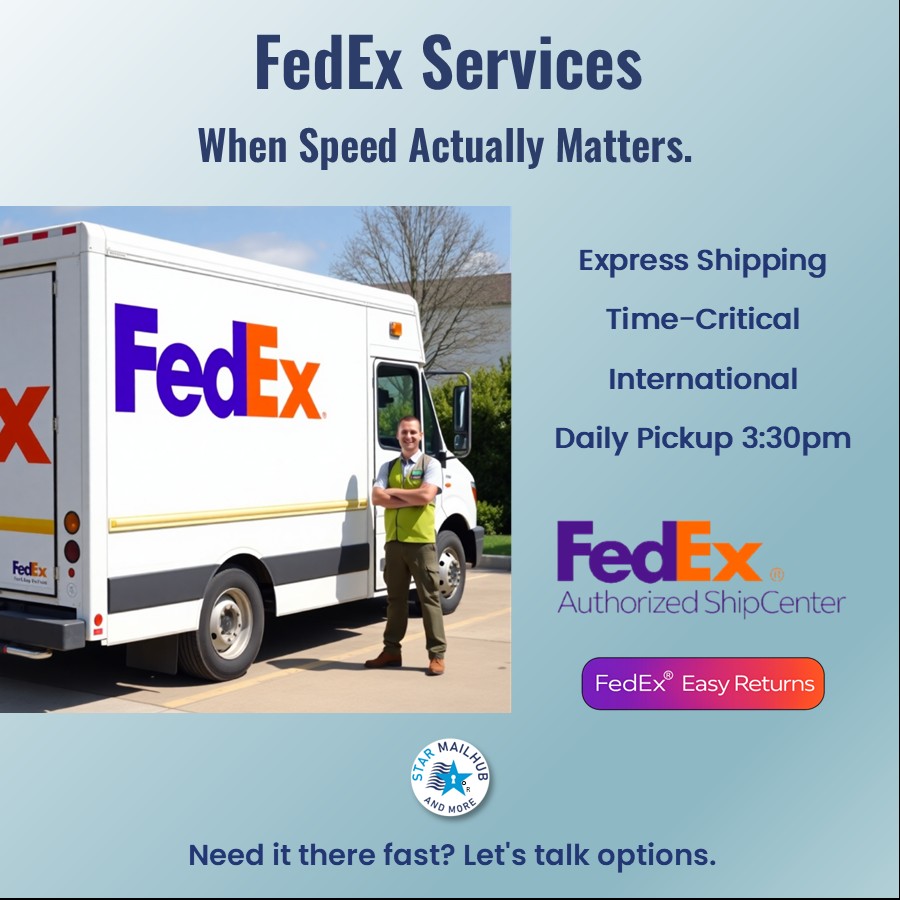 FedEx delivery truck and driver representing FedEx shipping services at Star MailHub and More in Roanoke, Virginia