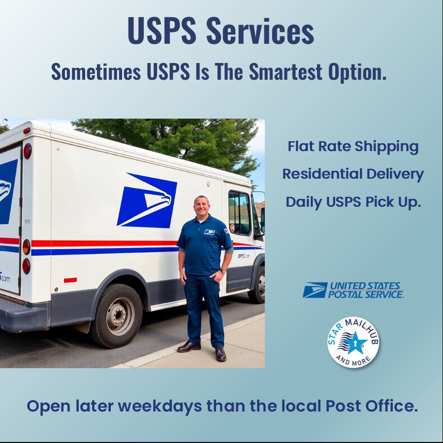 USPS delivery truck and carrier representing USPS shipping services at Star MailHub and More in Roanoke, Virginia