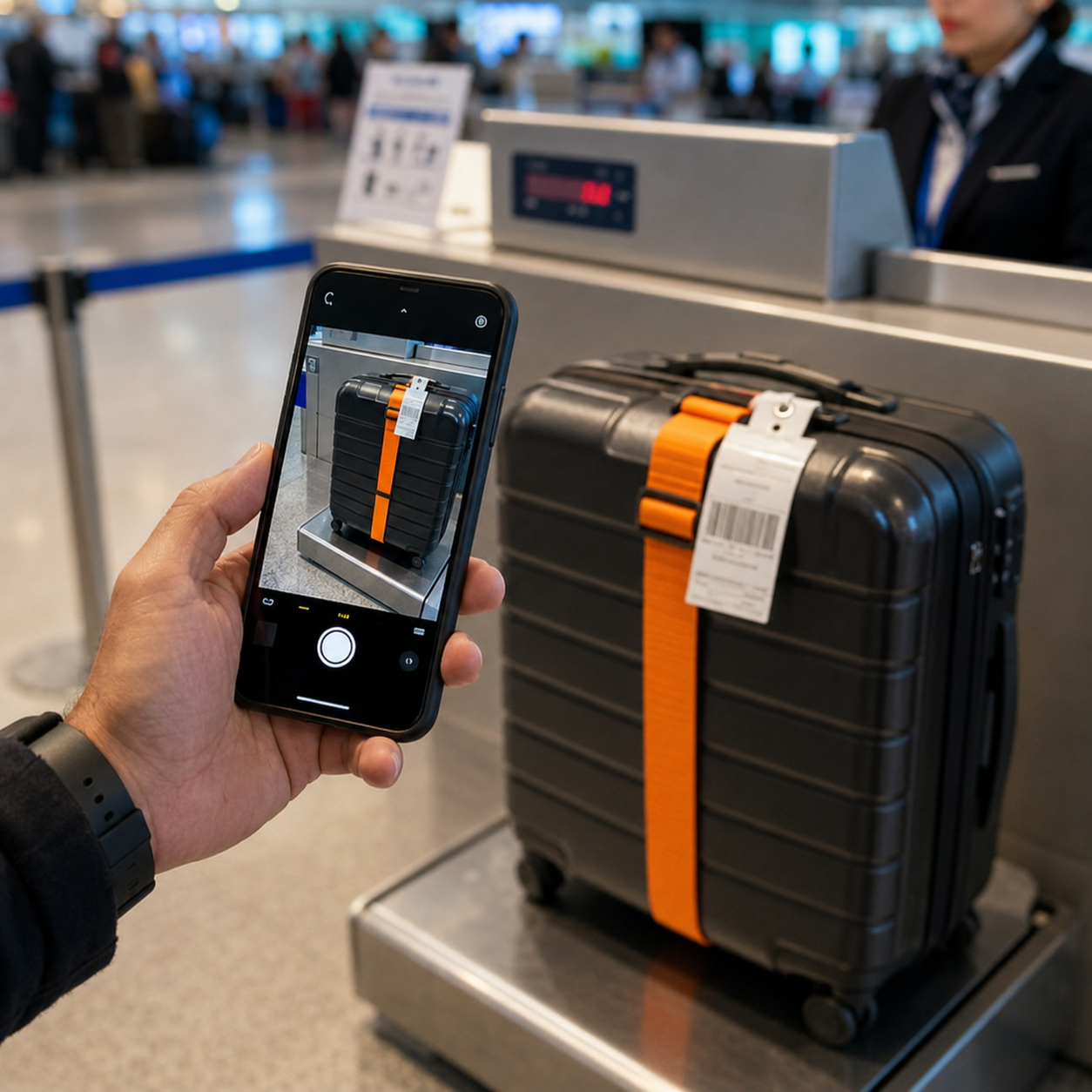 Traveler photographing a checked suitcase and baggage tag at an airport check-in counter
