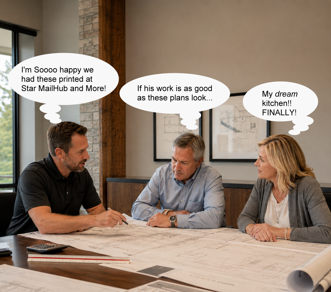 Contractor reviewing large-format construction blueprints with homeowners during a renovation planning meeting