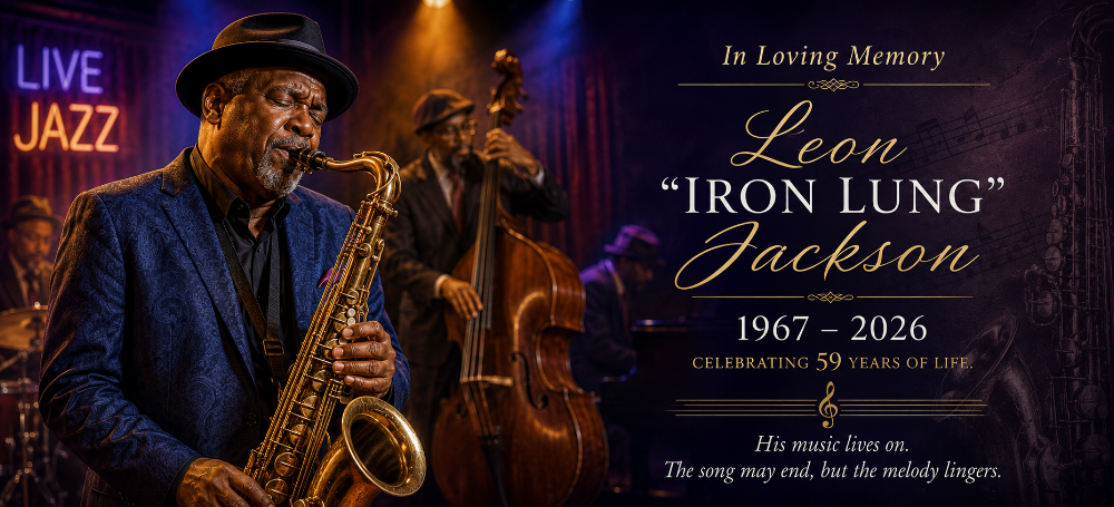Custom memorial printing example with a personalized casket cap panel featuring a jazz musician tribute design.