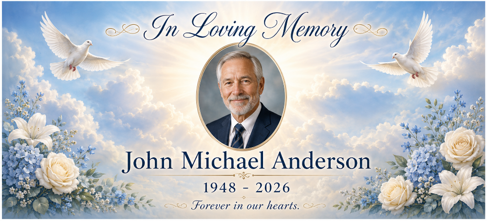 Faith-themed custom casket head panel insert with doves and flowers.
