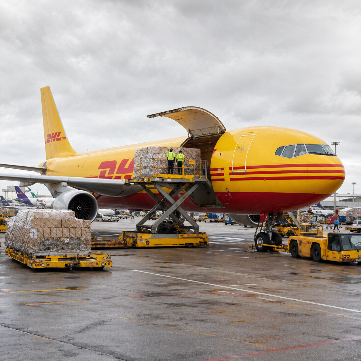 DHL cargo aircraft being loaded at an international airport, representing global shipping and international delivery services