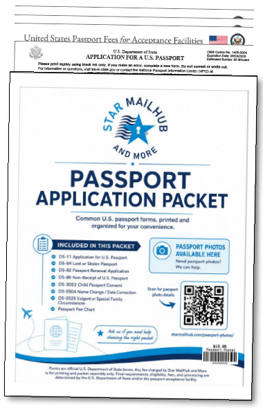 Star MailHub passport application packet with common U.S. passport forms