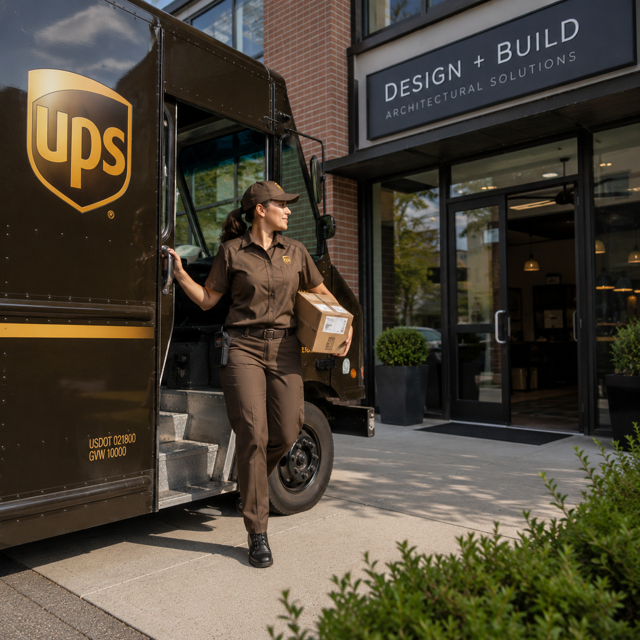UPS driver delivering a package to a business, representing dependable UPS shipping services in Roanoke, Virginia