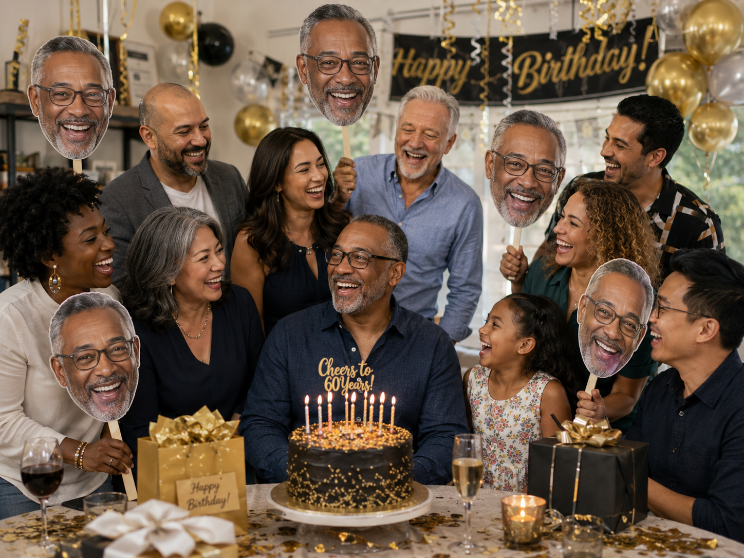Birthday party with family and friends holding funny big head cutouts