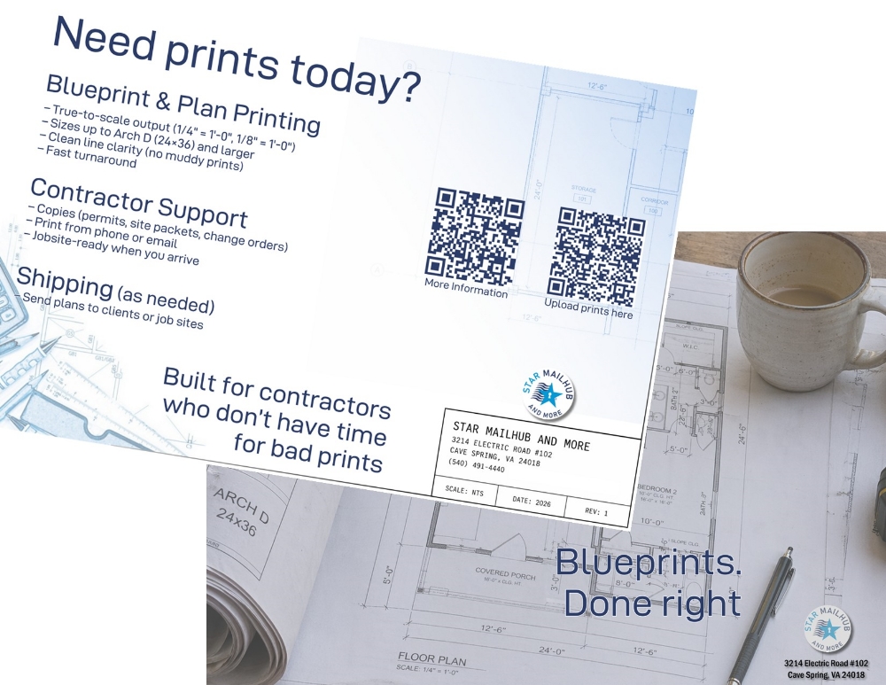Blueprint printing and plan set materials for contractors in Roanoke, VA, showing printed construction plans and contractor support information.