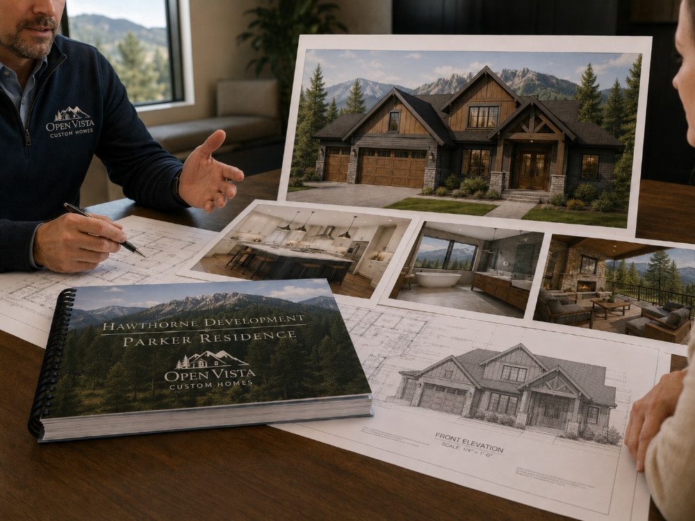 Builder presenting a bound custom home plan set, full-color architectural renderings, and a mounted project reveal board for the Parker Residence.
