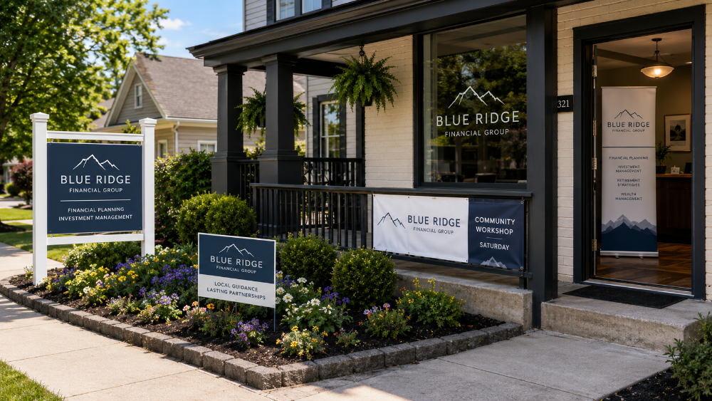 Several types of business signs outside a professional office, including a post-and-panel sign, yard sign, railing banner, window graphics, and retractable banner.