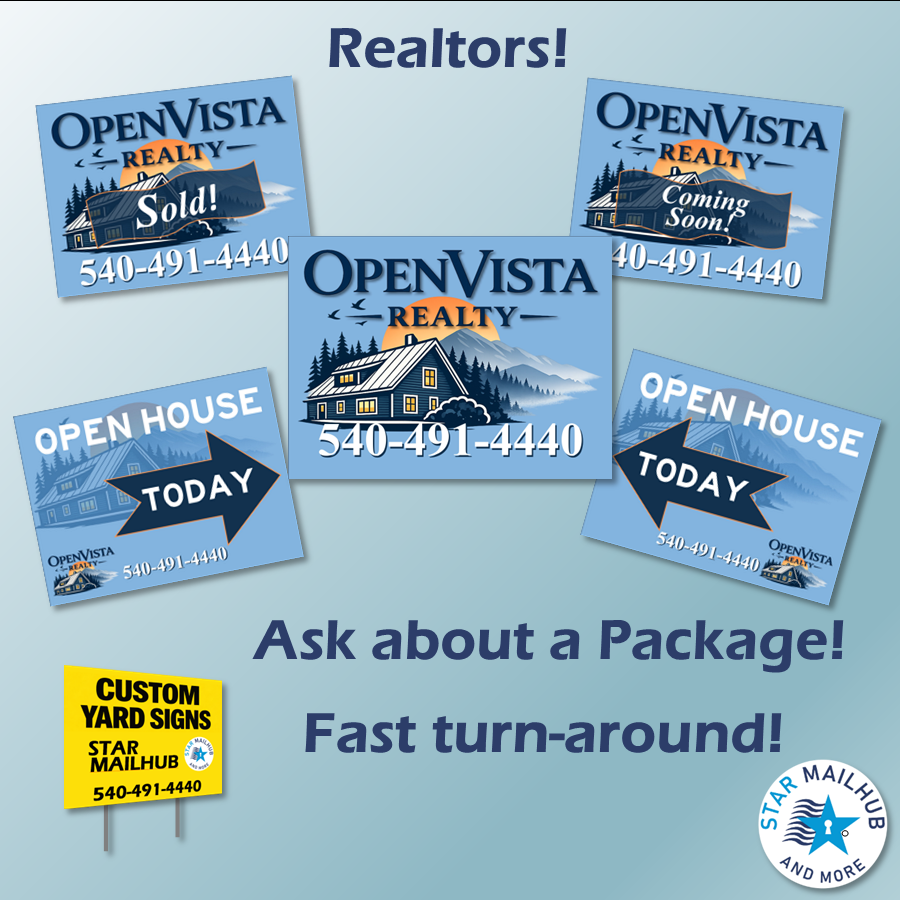 Coordinated real estate yard signs including open house, coming soon, sold, and directional signs in Roanoke, Virginia