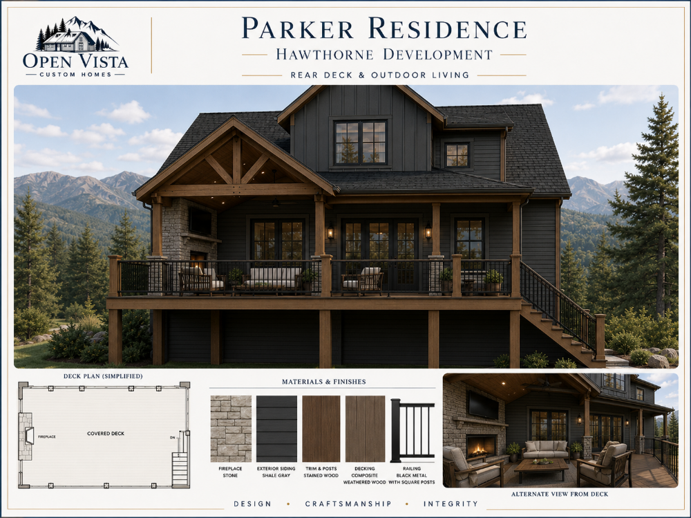 Full-color deck and outdoor-living presentation sheet for the Parker Residence.