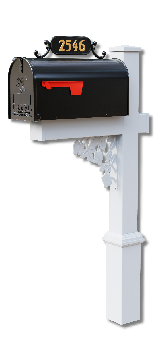 Decorative mailbox post system with coordinated address details.