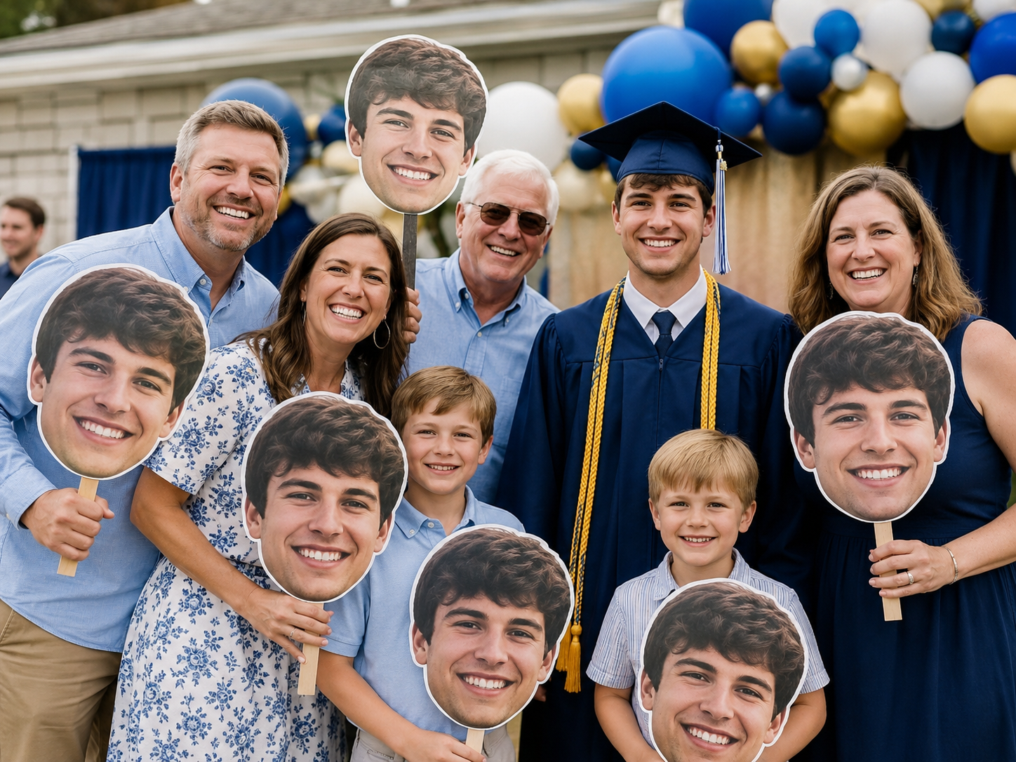 Graduation celebration with family holding big head cutouts of the graduate