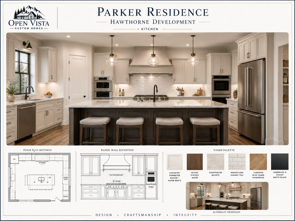 Full-color kitchen presentation sheet for the Parker Residence.