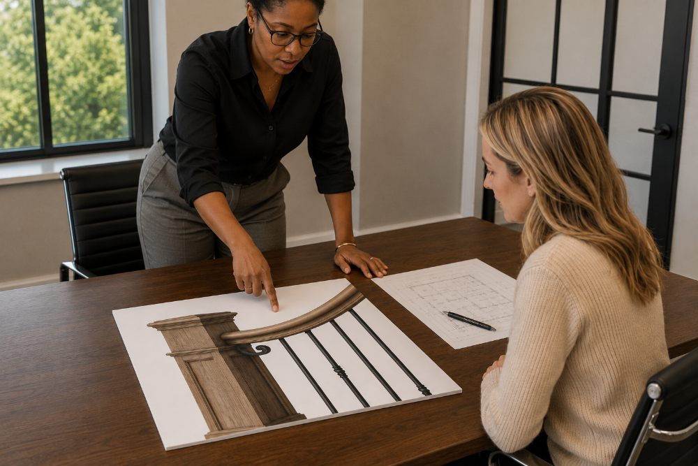 Builder presenting a mounted stair railing and newel post detail to a client during a project review meeting.