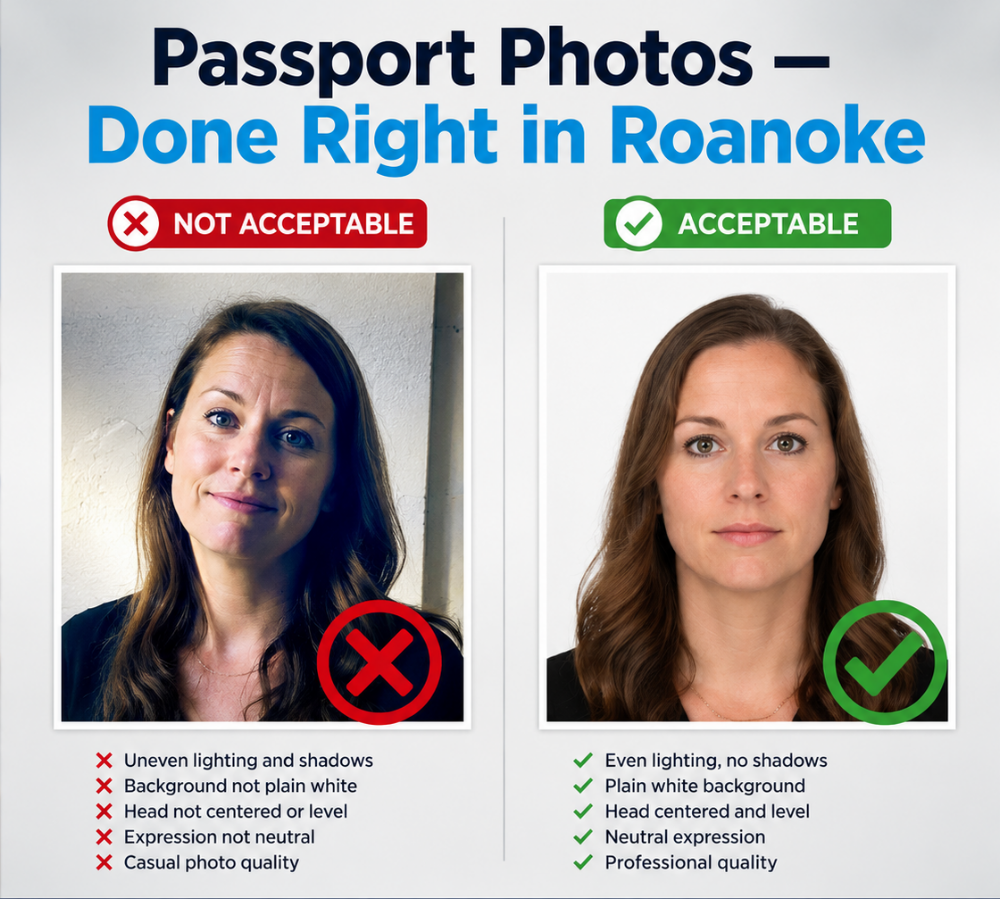 Side-by-side comparison of an unacceptable passport photo and a properly framed passport photo from Star MailHub and More in Roanoke, Virginia.