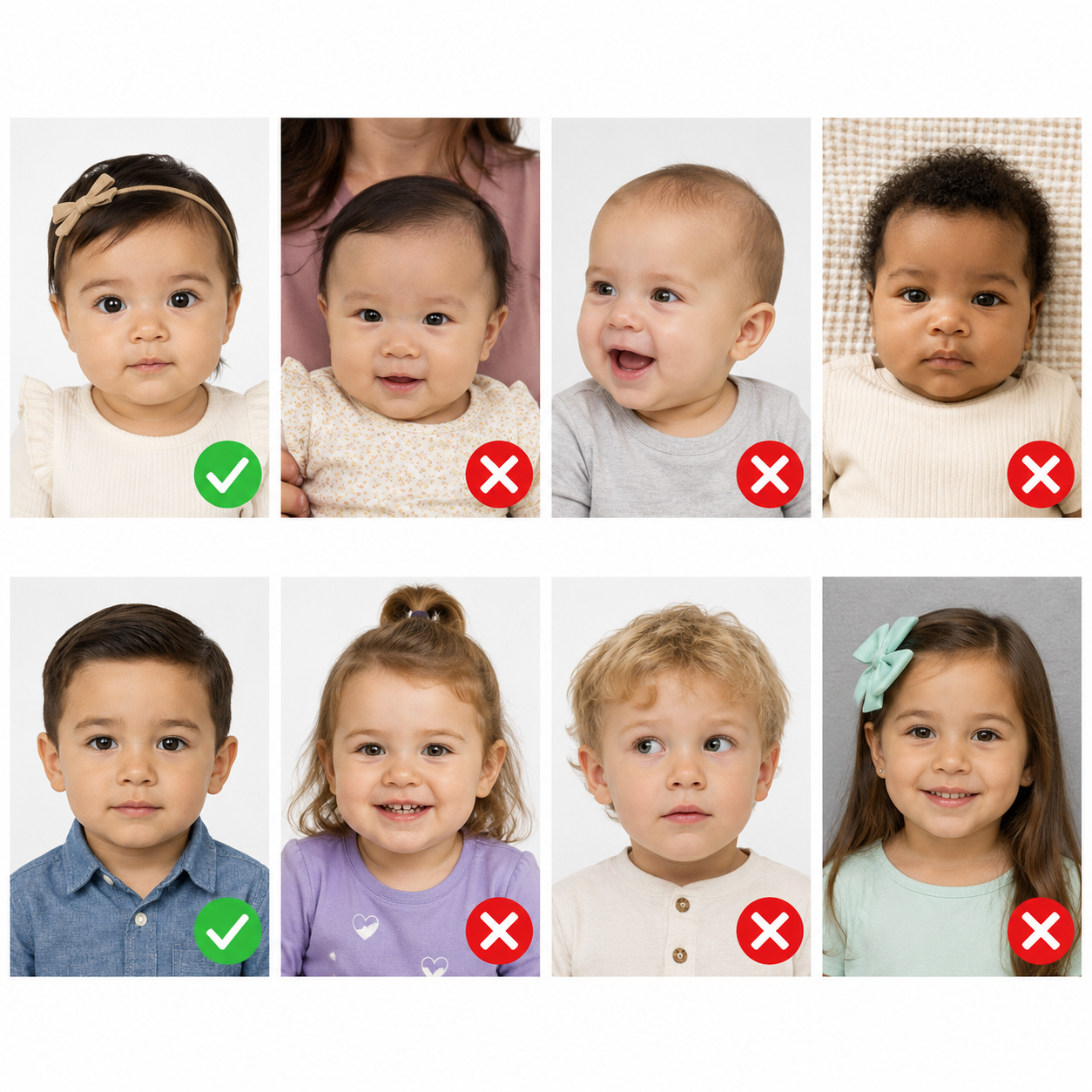 Examples showing acceptable and unacceptable passport photo positioning for babies and young children at Star MailHub and More in Roanoke, Virginia.