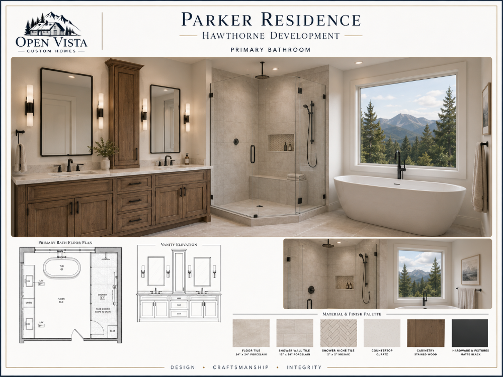 Full-color primary bathroom presentation sheet for the Parker Residence.