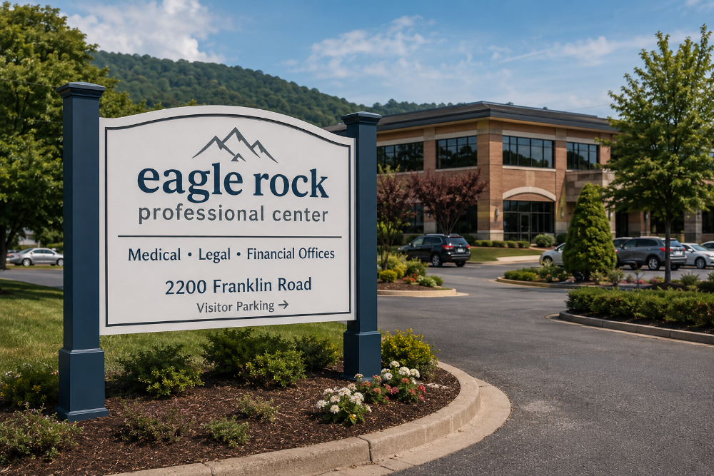 Post-and-panel property sign for Eagle Rock Professional Center in Roanoke, Virginia