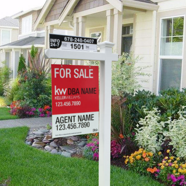 Real estate sign post with a secondary rider panel.